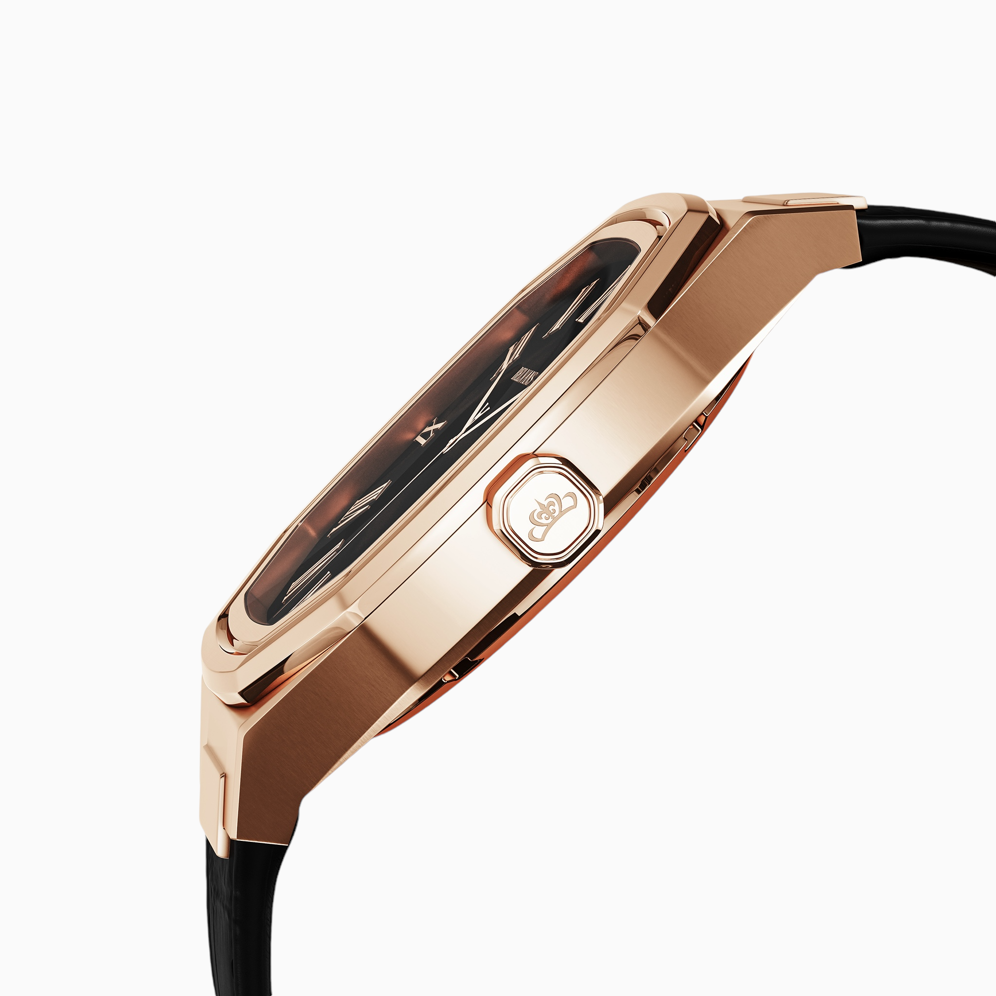 Side view of the Belvans Heritage rose gold watch