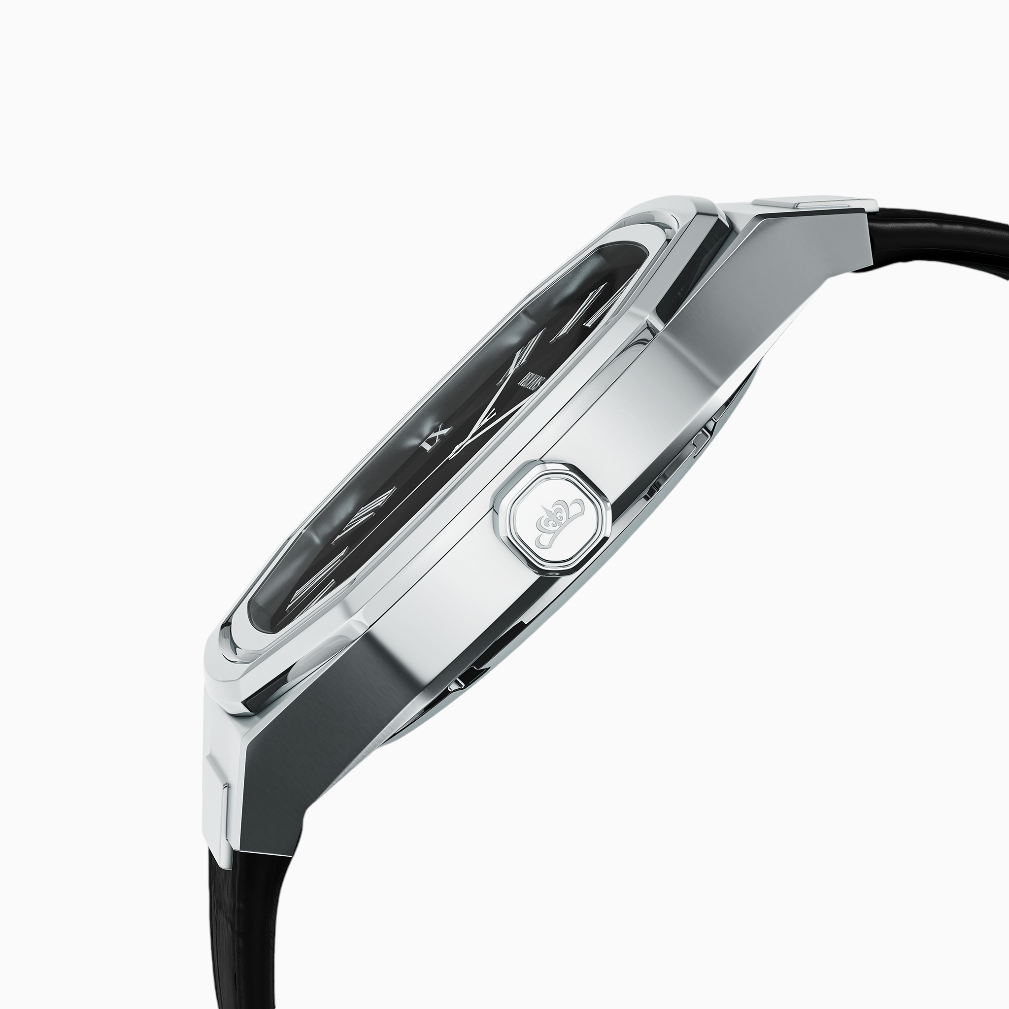 Side view of the silver Belvans Heritage watch
