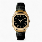 Gold Belvans Heritage watch with black leather strap