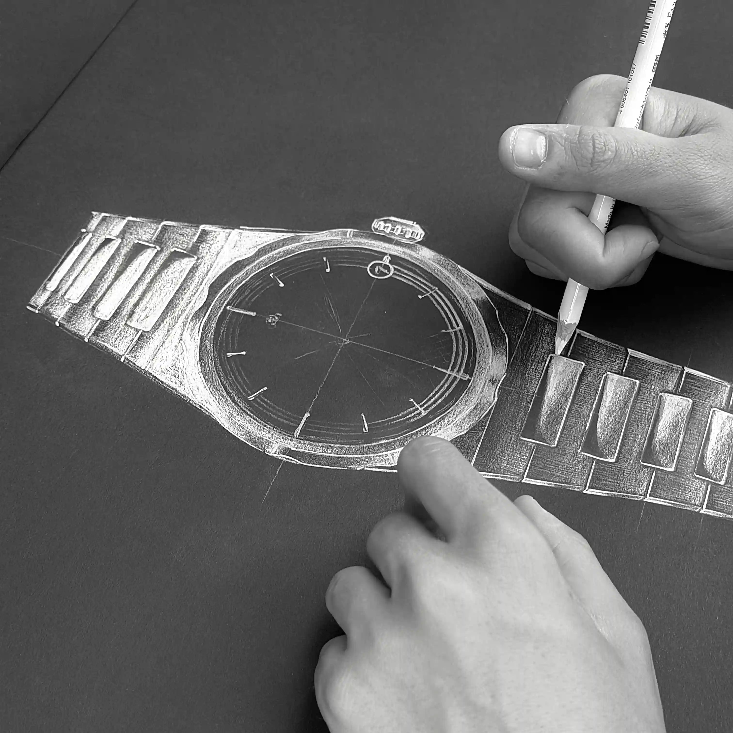 Croquis de montre automatique Belvans avec bracelet acier intégré en phase de conception