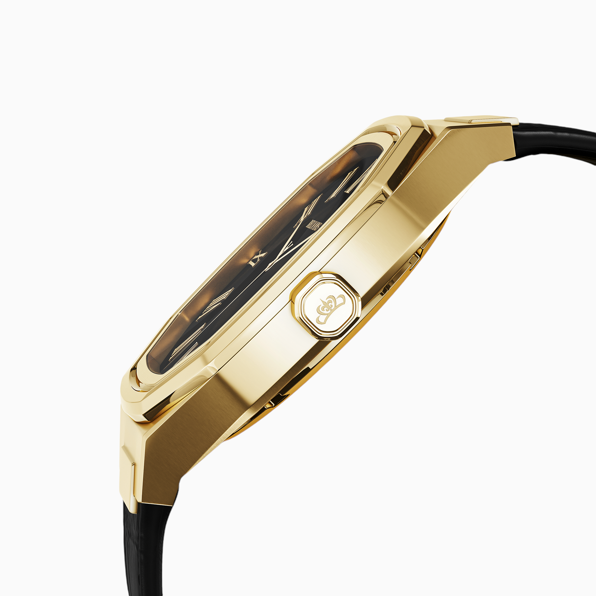 Side profile of the gold Belvans Heritage watch