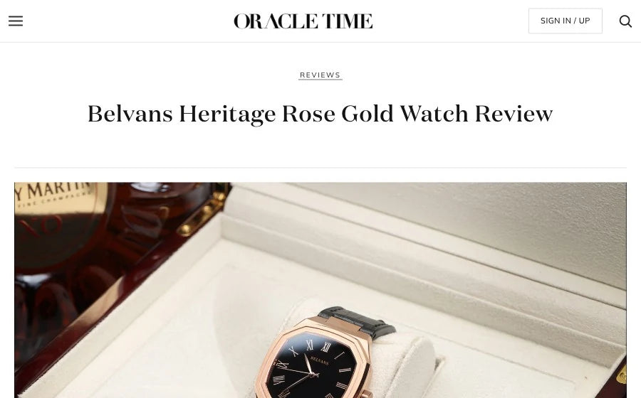 En-tête de l'article d'Oracle Time consacré à la montre Belvans Heritage or rose.