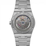Dos de la Belvans Daylee : fond saphir laissant voir le mouvement automatique, bracelet acier.