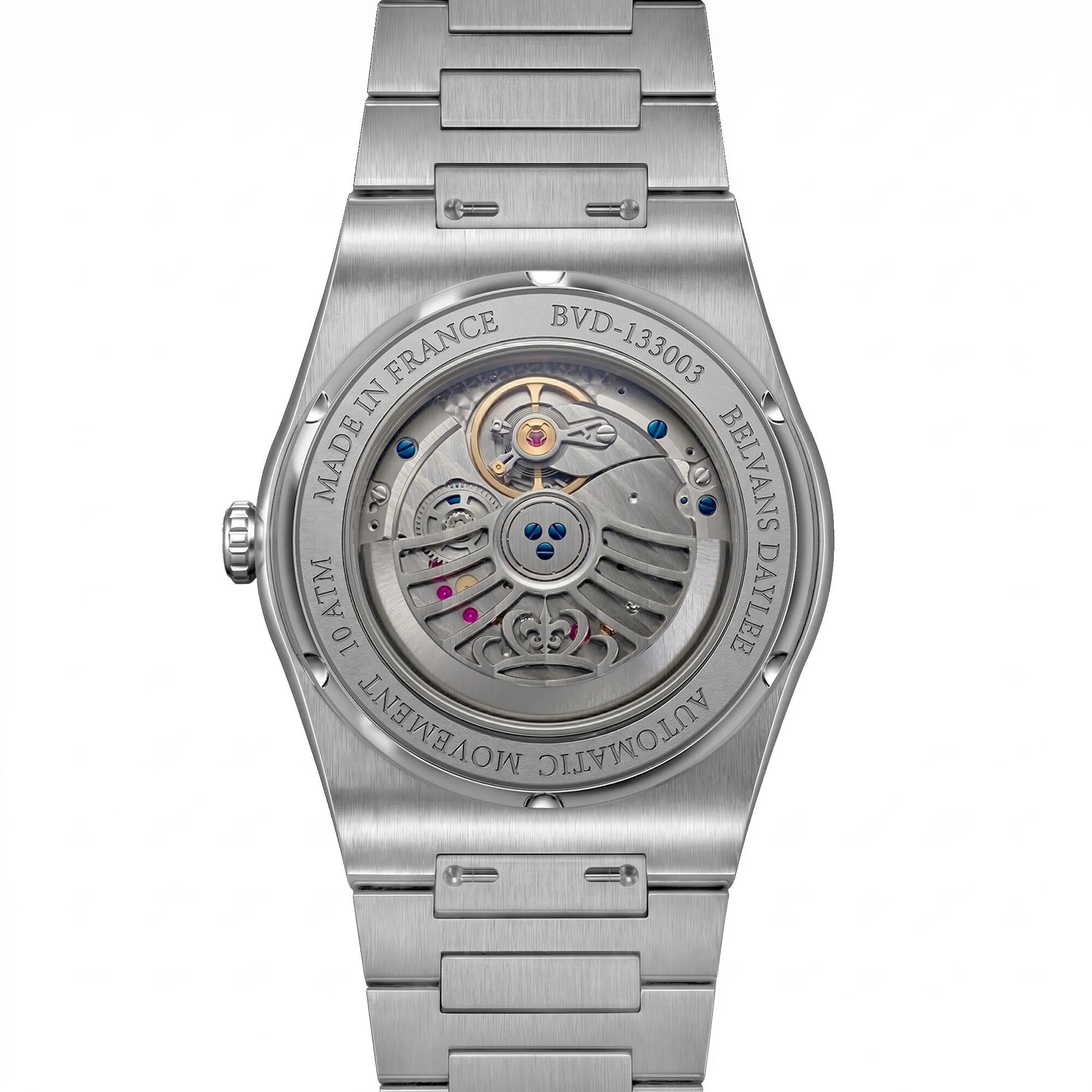 Dos de la Belvans Daylee : fond saphir laissant voir le mouvement automatique, bracelet acier.