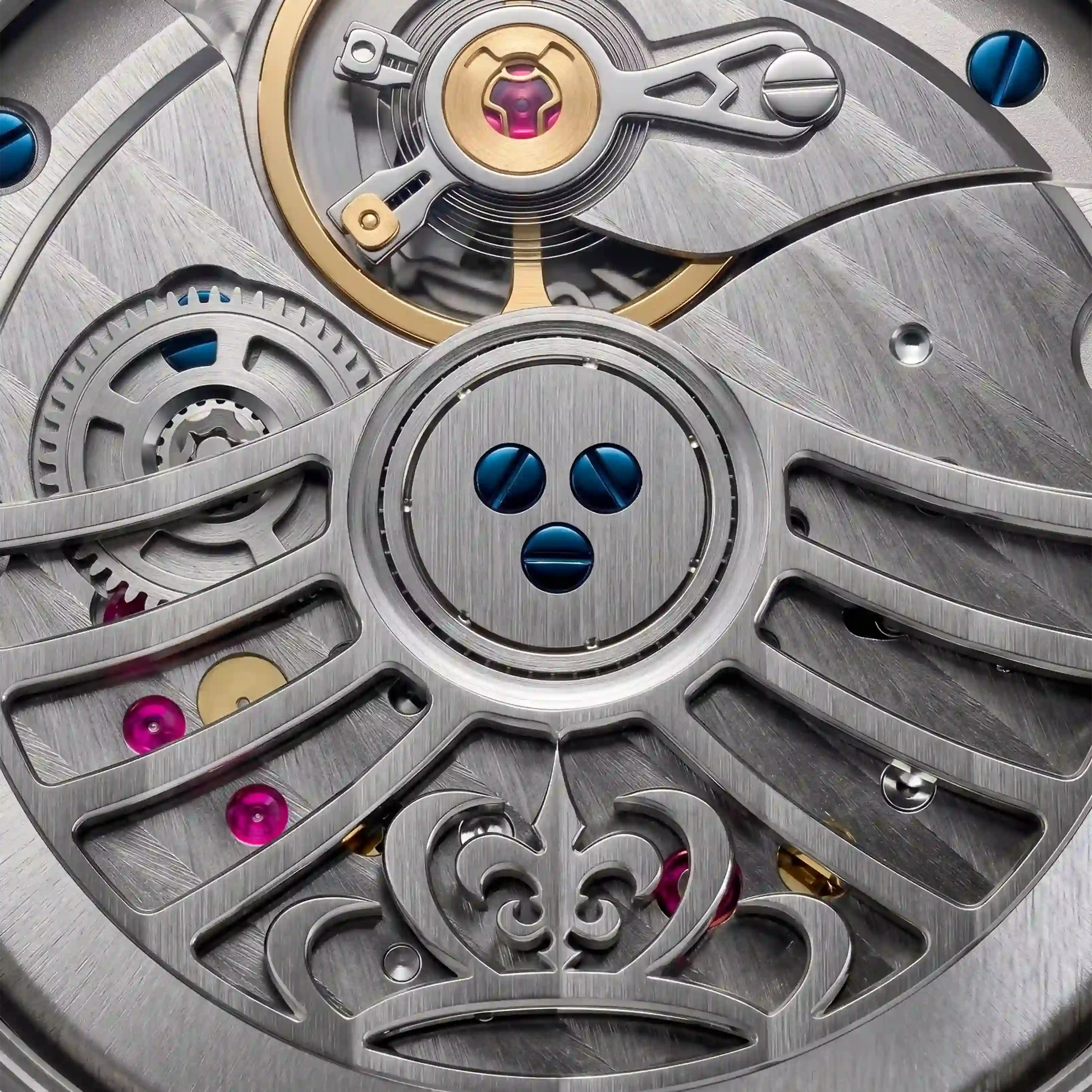Macro du balancier et du rotor squelette gravé du calibre G100 de la Belvans Daylee.