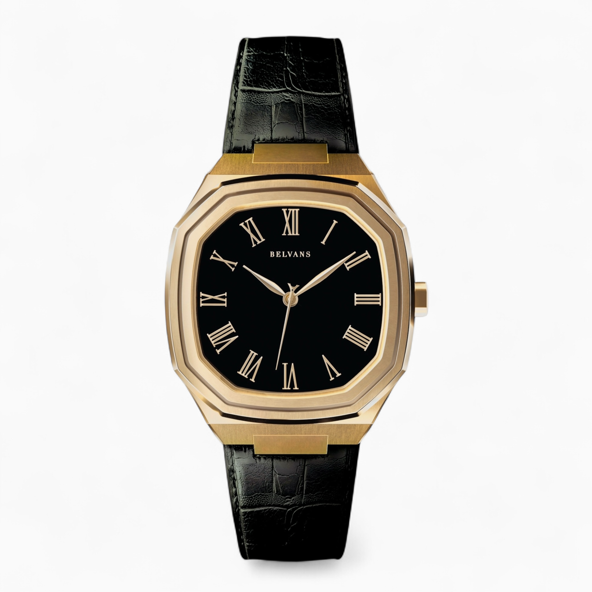 Gold Belvans Heritage watch with black leather strap