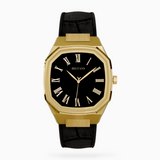 Gold Belvans Heritage watch with black leather strap