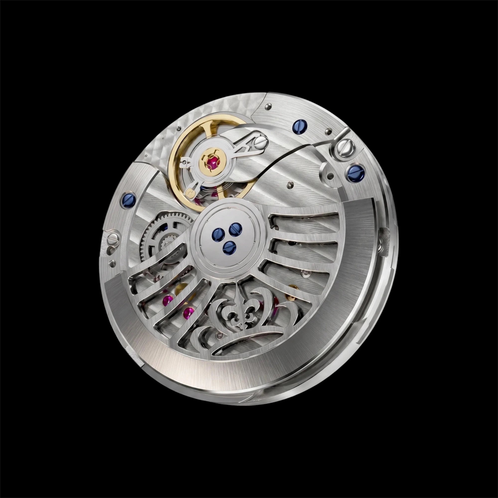 Mouvement automatique de la Belvans Daylee avec rotor squelette et finitions horlogères sur fond noir.