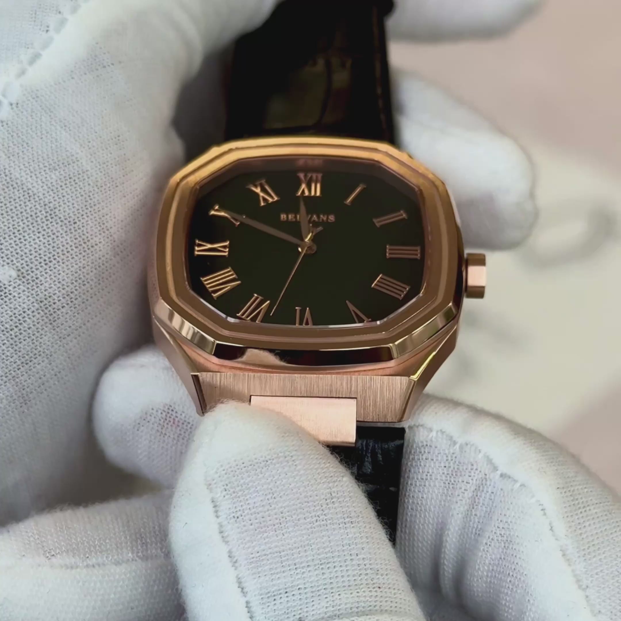 Video close-up of Belvans Heritage automatic watch with Musou Black dial