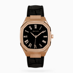 Rose gold Belvans Heritage watch with black leather strap