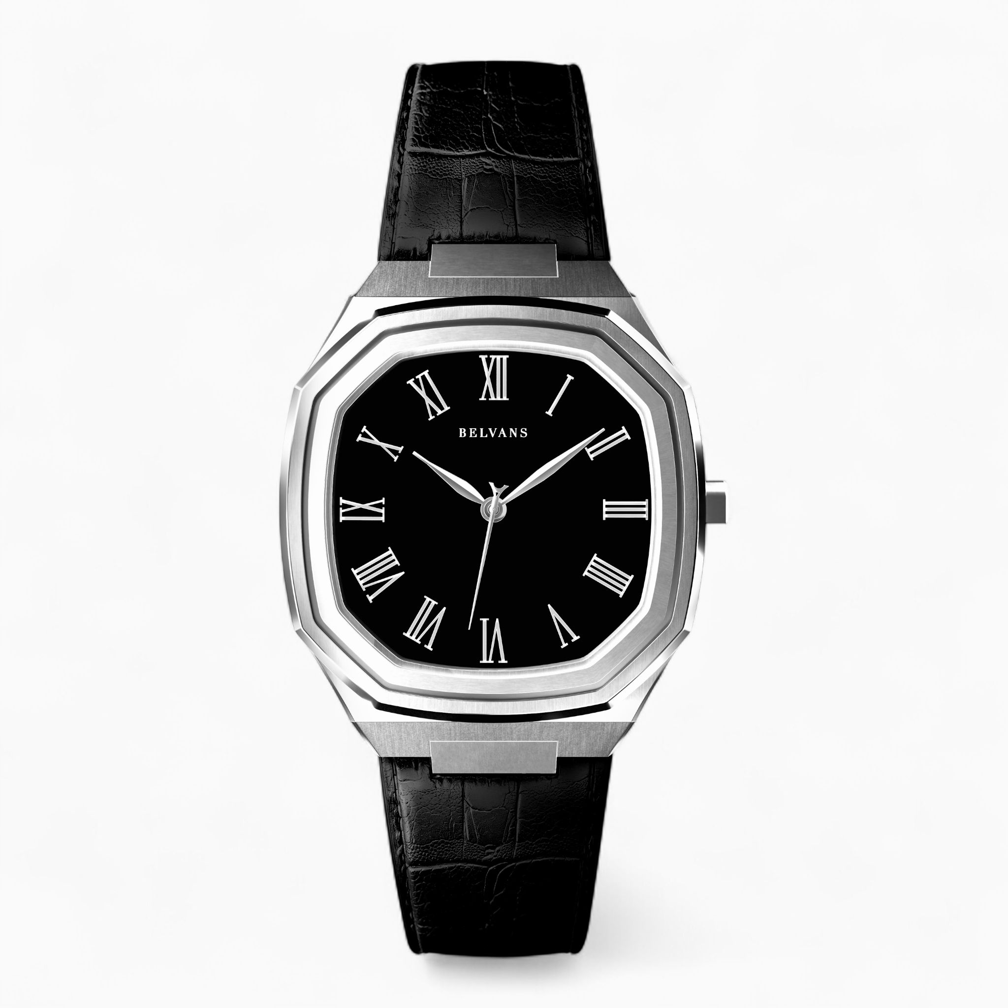 Silver Belvans Heritage watch with leather strap